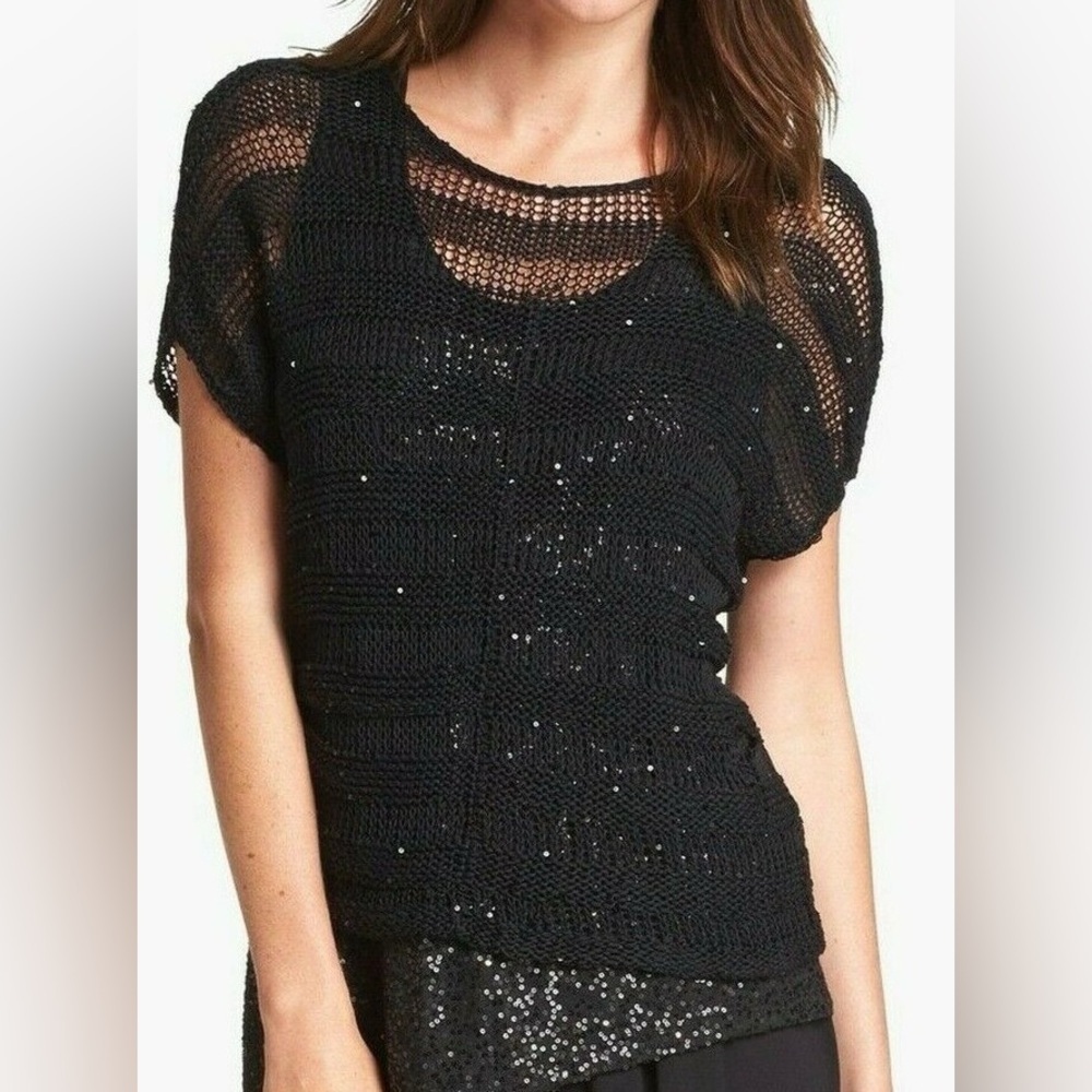 Eileen Fisher Open Knit Sequin Chainmail Box Short Sleeve Sweater